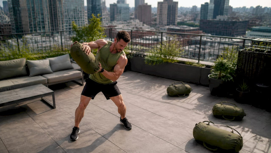Man performing heavy sandbag flow drill in gym