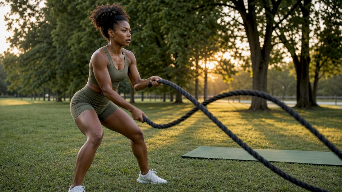 Woman practicing rope flow outdoors at dawn