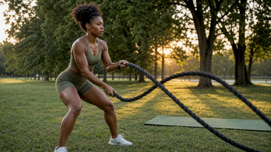 Woman practicing rope flow outdoors at dawn