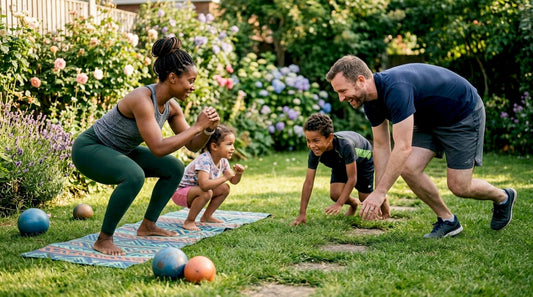Family exercising together in living room