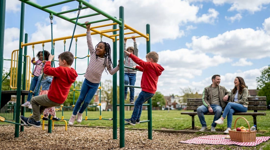 Children playing on colorful monkey bars outdoors