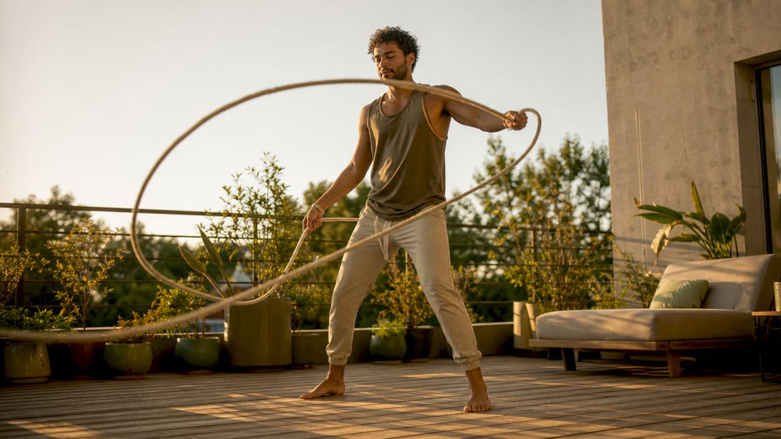 Man performing rope flow active recovery exercise indoors