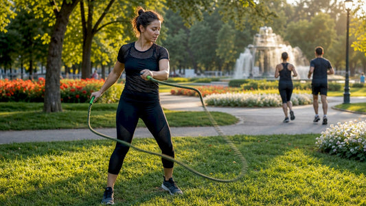 Woman practicing rope flow exercise outdoors in park