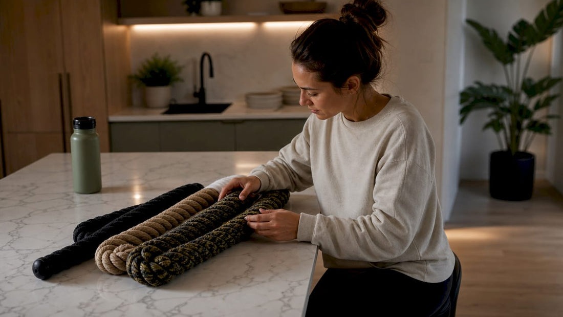 Person examining heavy ropes indoors