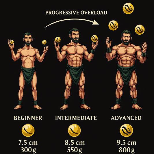 Illustration of a juggler progressing from beginner to advanced level with increasing ball size and weight.
